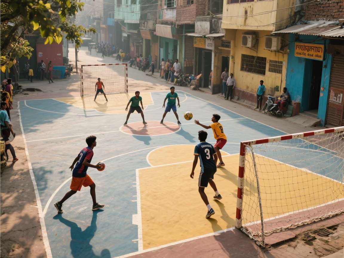 Urban Handball India Match Urban Handball India Match in progress on Delhi street court