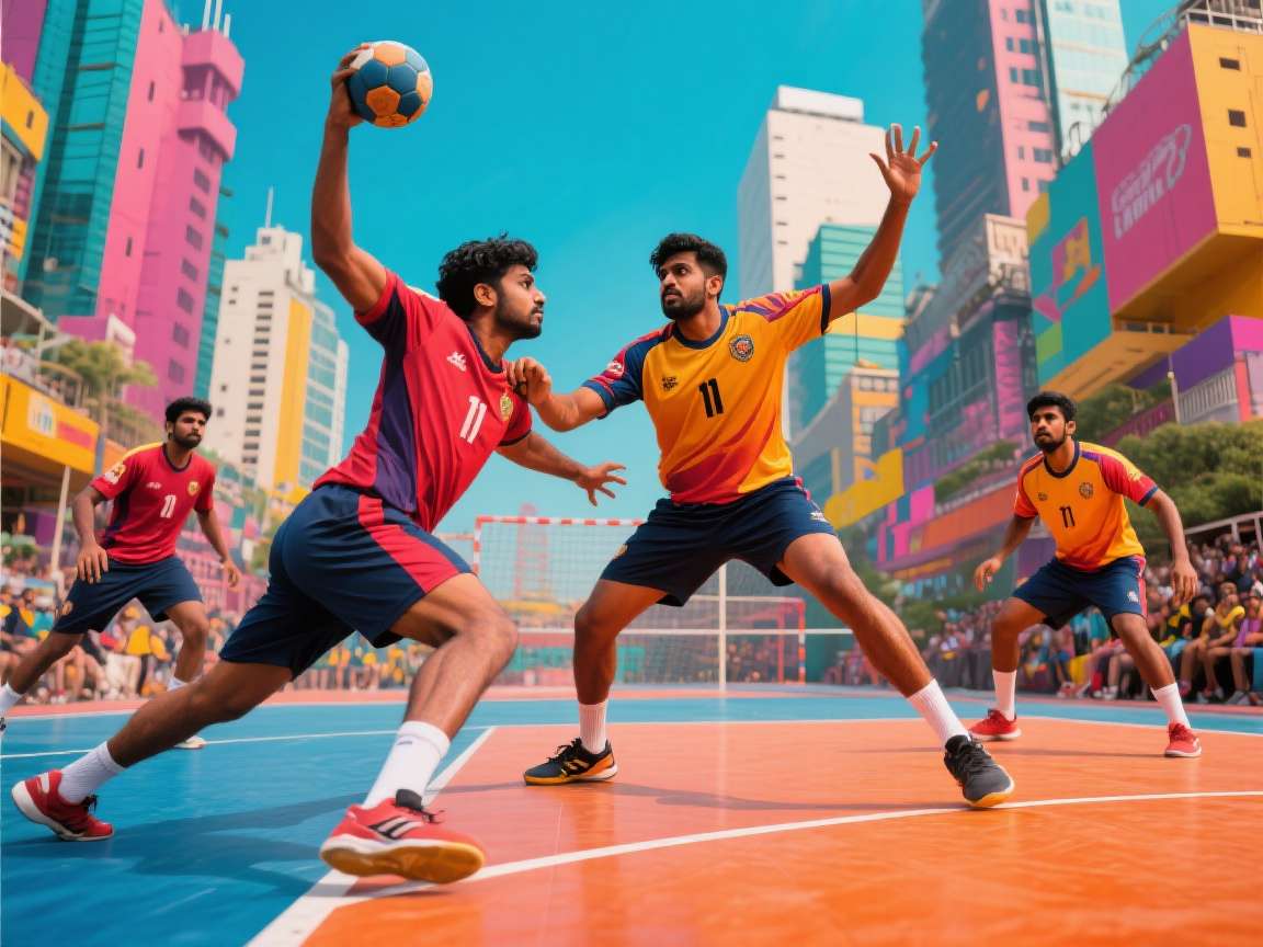 Urban Handball India Game Cover Urban Handball India Game Cover showing Indian street handball court with players